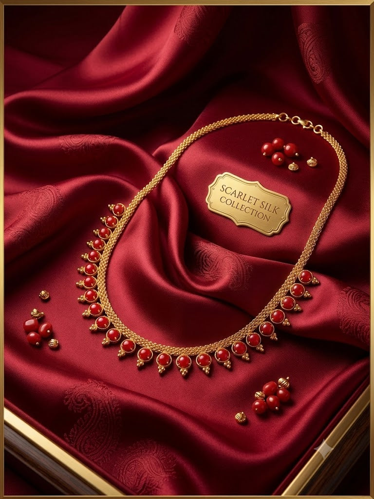Attractive Gold Plated Red Color Beaded Choker Necklace And Earrings Set For Women 