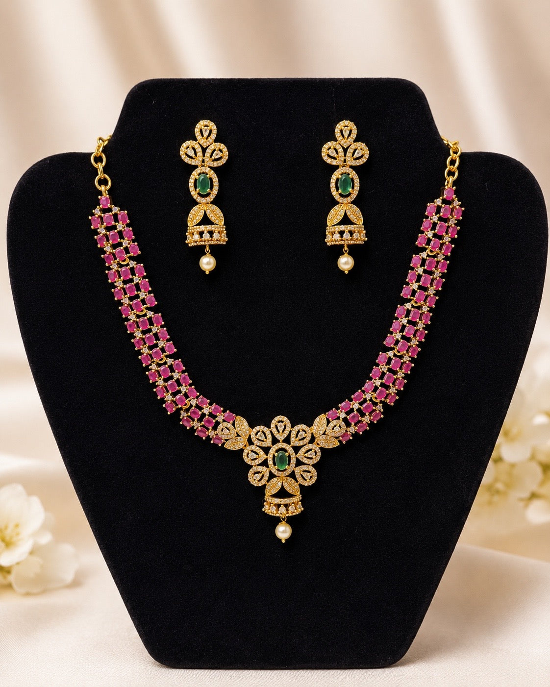 Attractive Gold Plated Pink & Green Stones  Necklace set