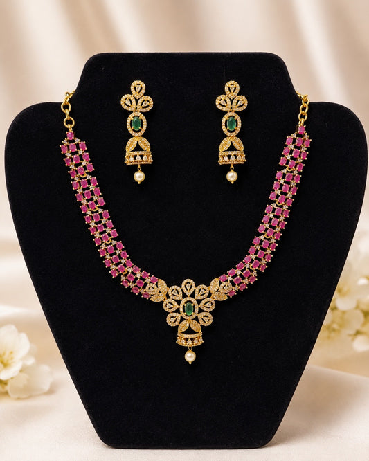 Attractive Pink And Green Color Stones Gold Plated Necklace With Earrings Set