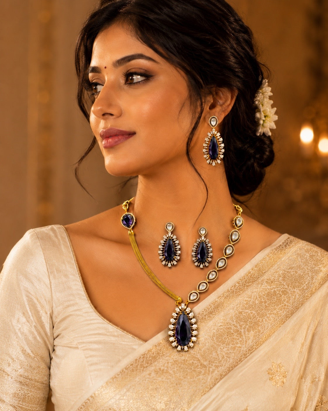 Stunning   Dark Purple American Diamond Gold Plated Necklace With Earrings