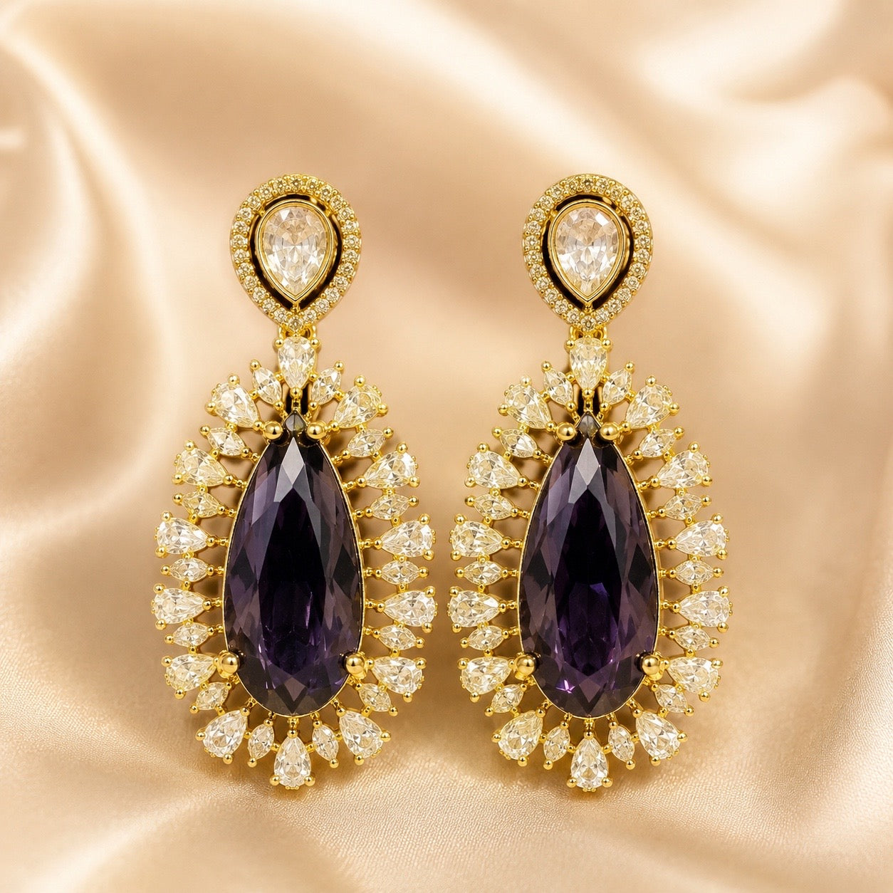 Stunning   Dark Purple American Diamond Gold Plated Necklace With Earrings