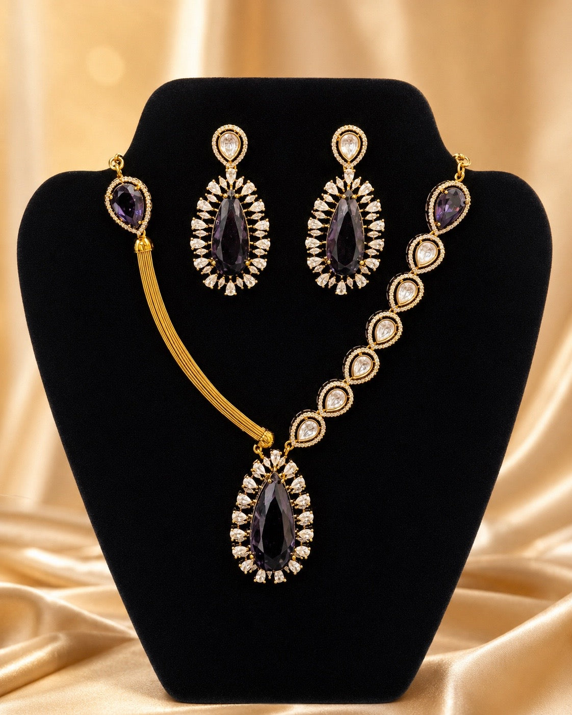 Stunning   Dark Purple American Diamond Gold Plated Necklace With Earrings