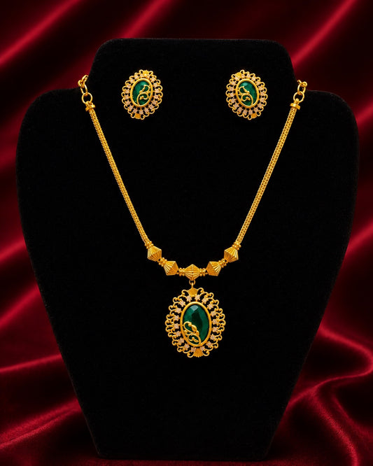 Alluring Dark Green And White Stones Gold Plated Necklace With Earrings Set