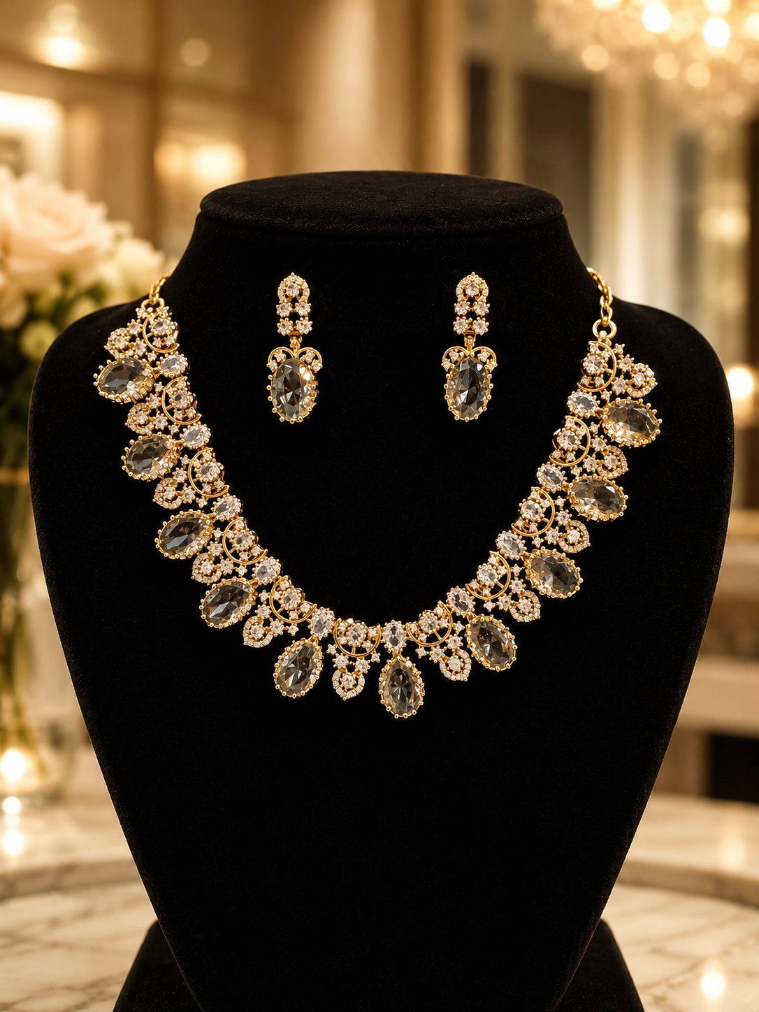 Gorgeous Gold plated Crystal Clear Stone Necklace set
