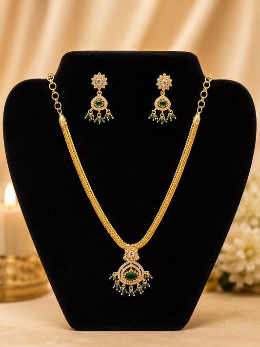 Amazing Green Stone Gold Plated Necklace with Earrings For Women