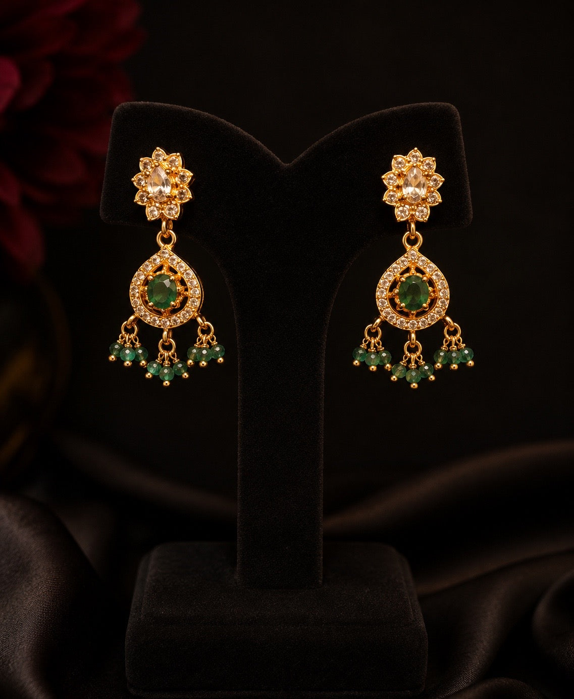 Gold-Plated Green Stone Necklace Set with Matching Earrings