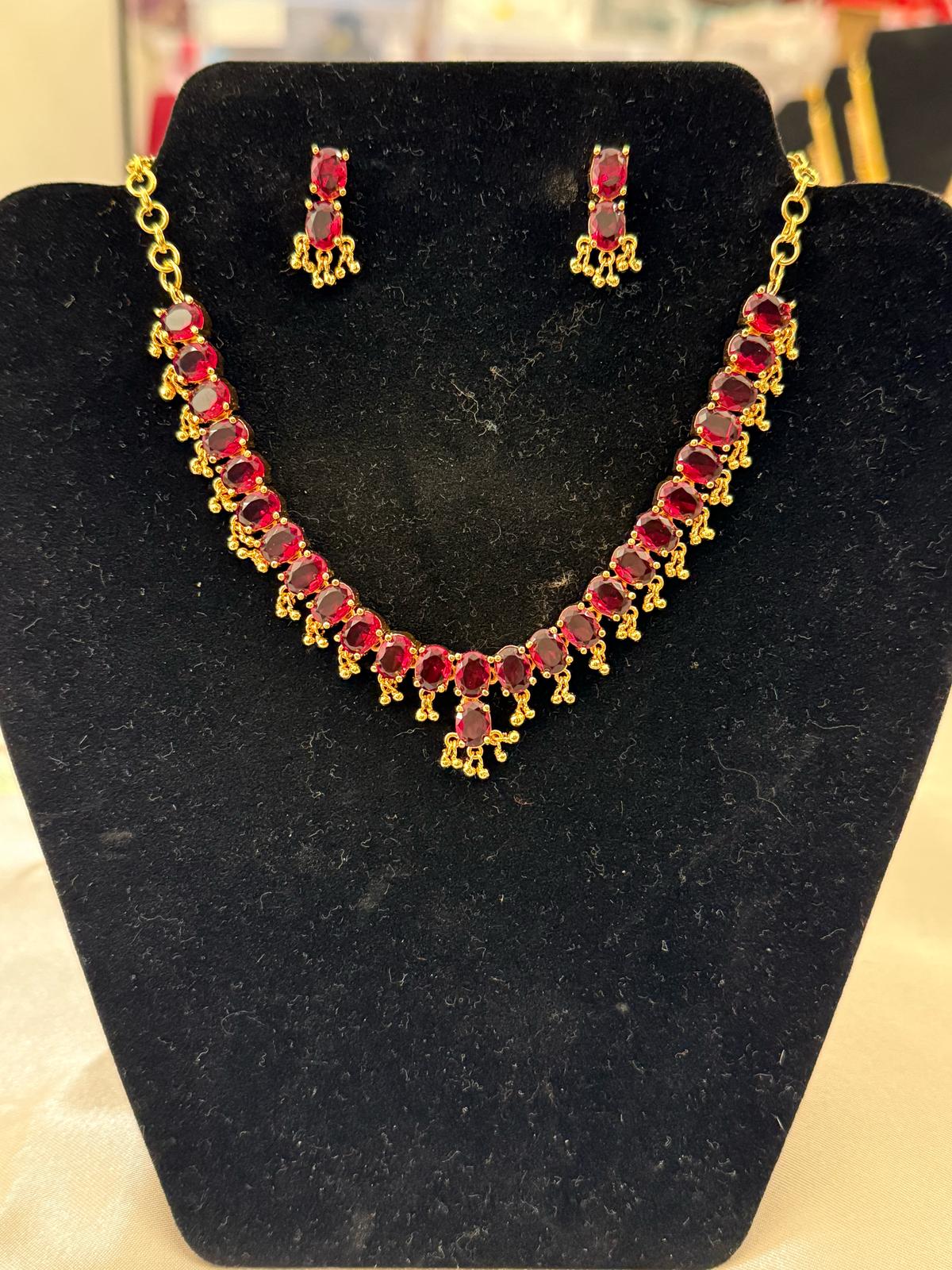 Dazzling gold plated Red color Ruby necklace with Earrings for Women