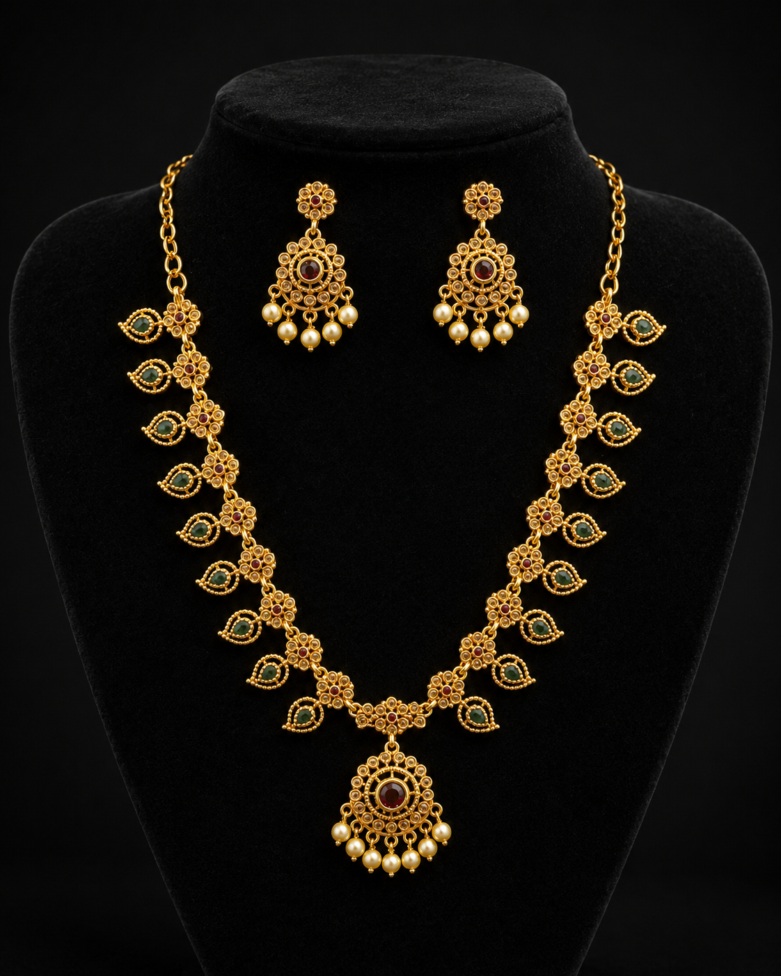 Elegant Pink & Green Stones Gold Plated Necklace set