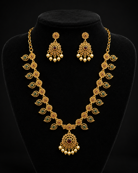 Wonderful Pink And Green Color Stones Gold Plated Necklace Set For Women