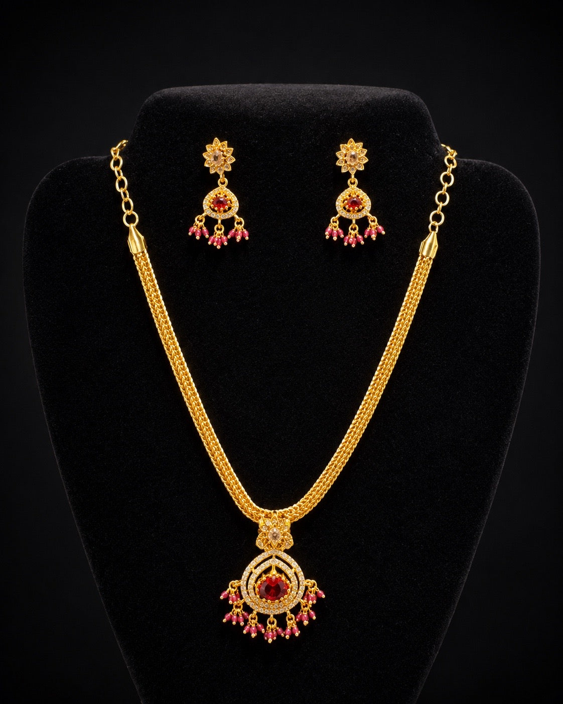 Elegant Gold Plated Necklace Set with Ruby Pendant & Pink Bead Earrings