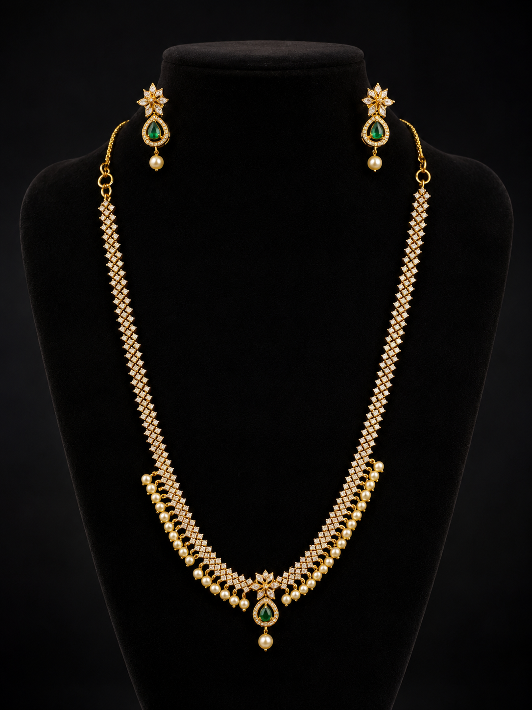 Elegant Gold Plated Long Green Stone Necklace Set with Pearl Drops and Earrings
