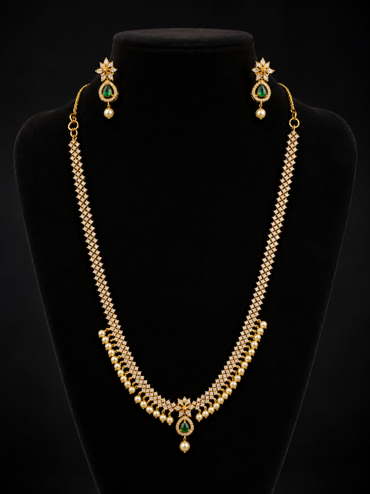 Elegant Gold Plated Long Necklace Set With Green Stones Pearl Drops And Matching Earrings