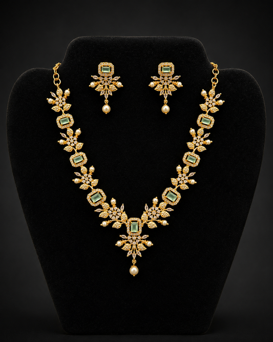 Pretty Light Green And White Stones Gold Plated Pearl Drops Necklace With Earrings