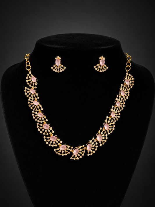 Amazing Light Pink And White Stones Gold Plated Necklace With Earrings