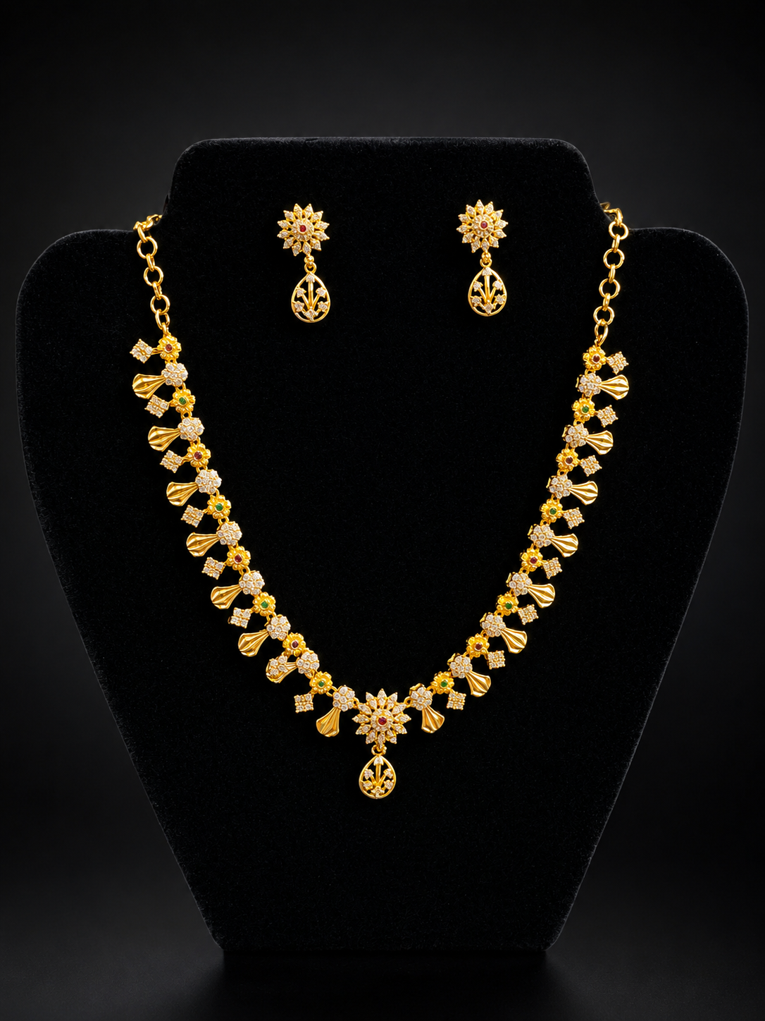Attractive Gold Plated Multicolor Stone Necklace Set with Earrings