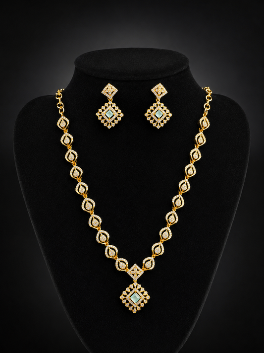 Beautiful Mint Green And White Stones Gold Plated Necklace With Earrings