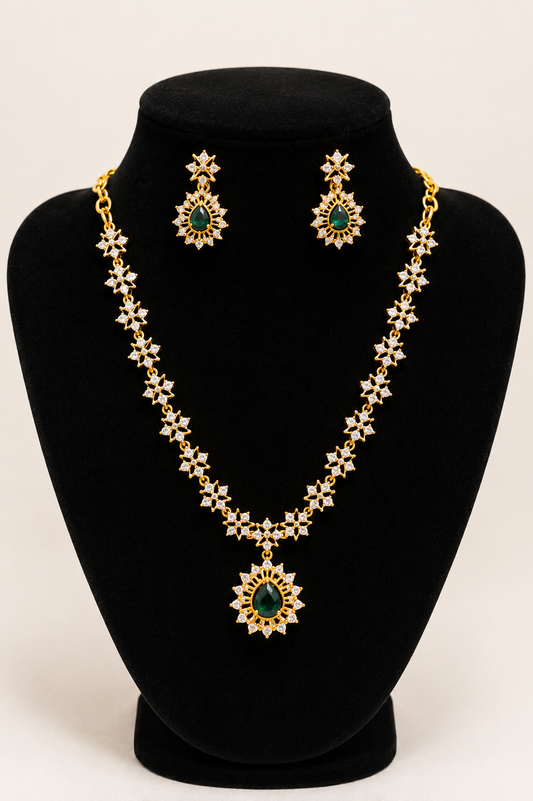 Charming Emerald Green And White Stones Gold Plated Necklace With Earrings