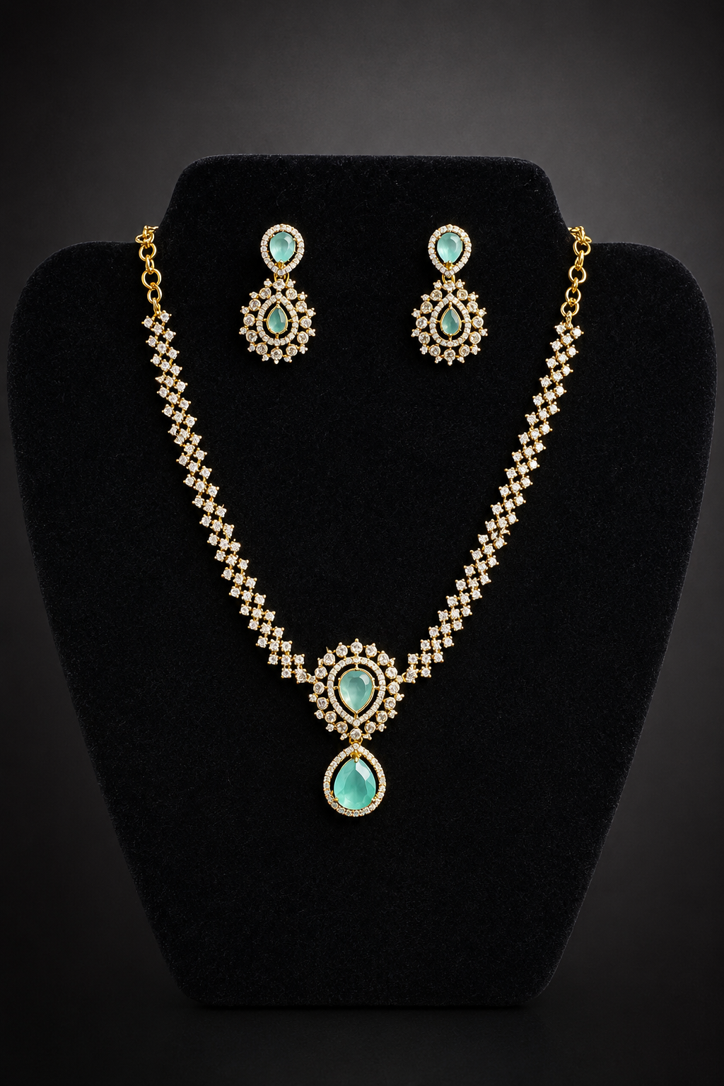 Attractive Gold-Plated American Diamond Aqua Green pear Necklace Set with Earrings