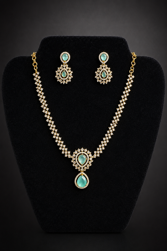 Attractive Aqua Green Stones Gold Plated Pear Necklace With Earrings