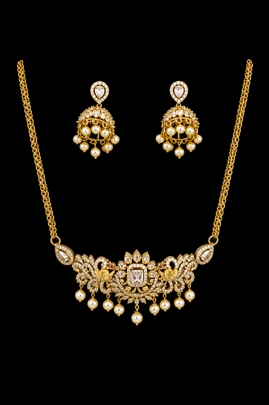 Elegant White Color Stone Gold Plated Choker Set With Matching Earrings