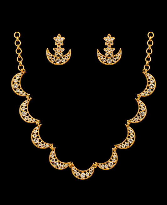 Stuninng White Stone Gold Plated Scalloped Stone Necklace And Matching Earrings For Women