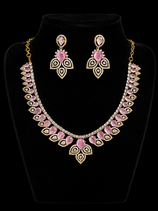 Premium Pink And White Gold Plated Necklace Set With Matching Earrings