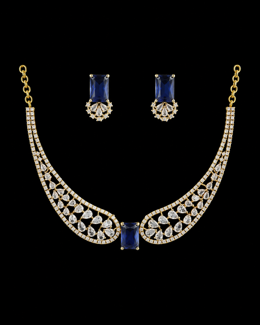 Alluring Blue And White Stones Gold Plated Necklace With Earrings