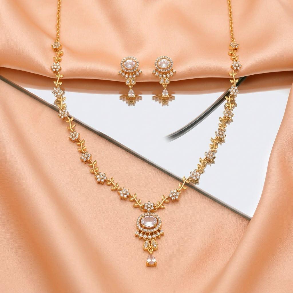 Elegant Gold Plated Floral Crystal Necklace Set with Stud Earrings