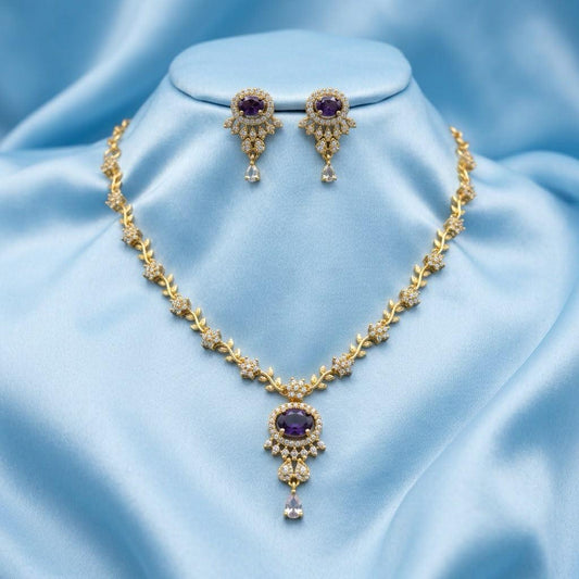 Designer Gold Plated Withe And Purple Oval Crystal Necklace And Earrings Set For Women