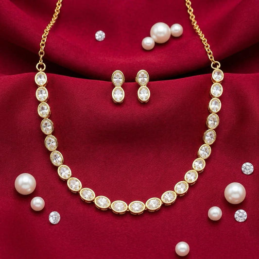 Stunning Withe Stones Gold Plated Oval Crystal Necklace And Earrings Set For Women