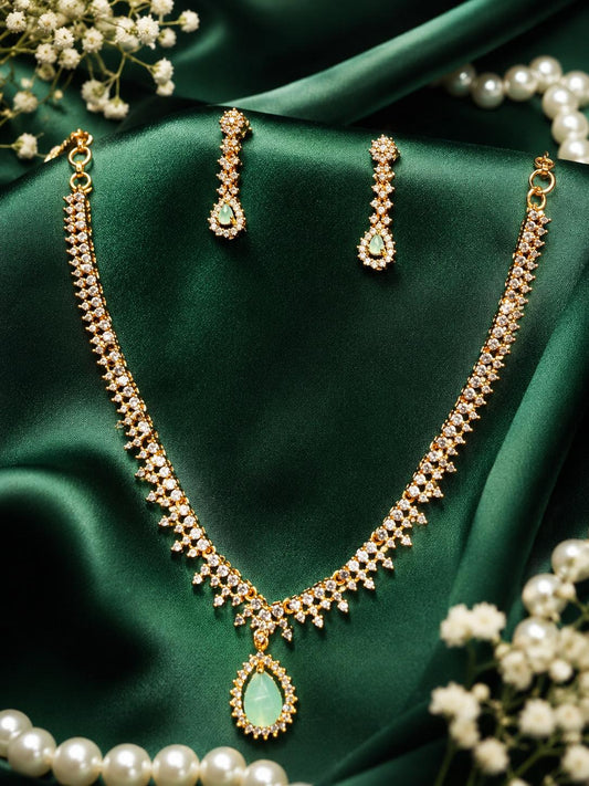 Elegant Withe And Teal Green Stone Gold Plated Teardrop Crystal Necklace Set For Women