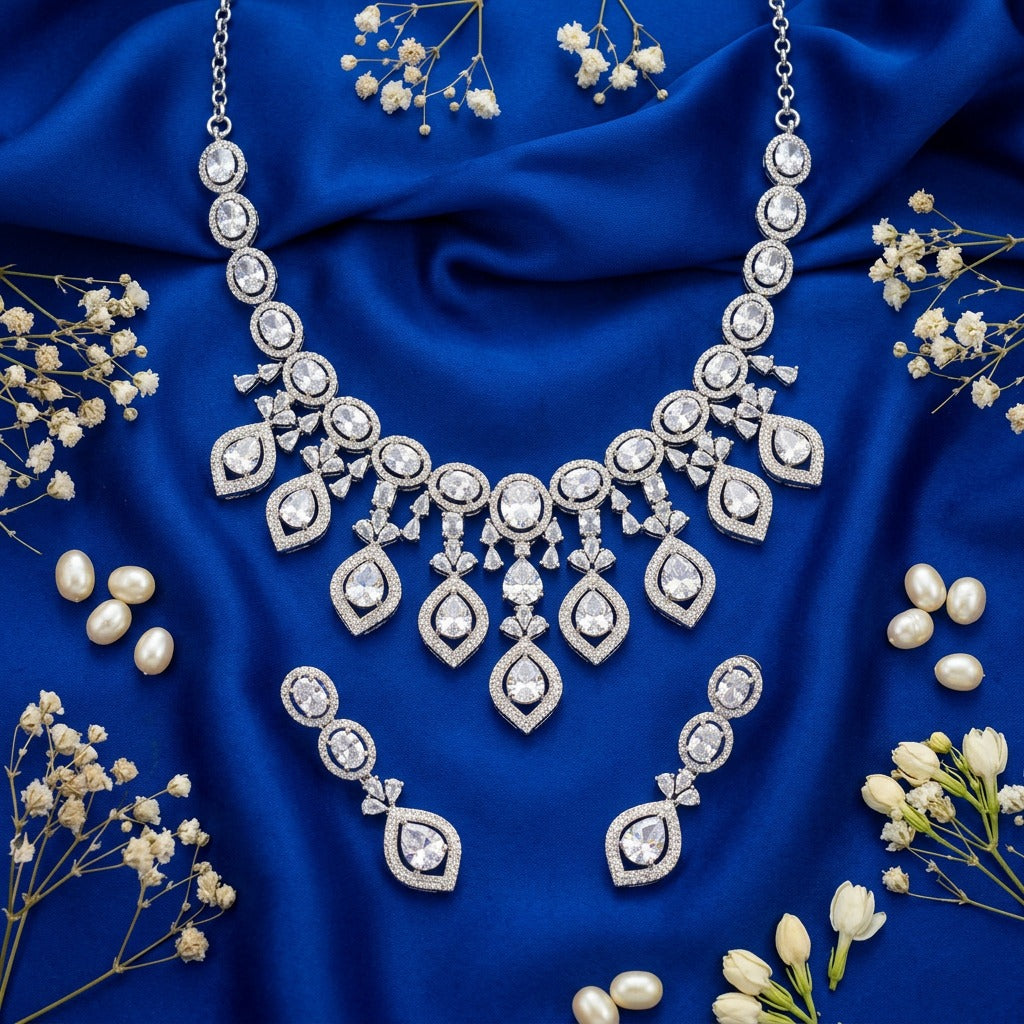 Silver Plated white Ruby Teardrop American Diamond Jewelry Set