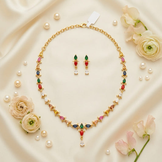 Beautiful Gold Plated Multicolor Stone Necklace And Earring Set For Women