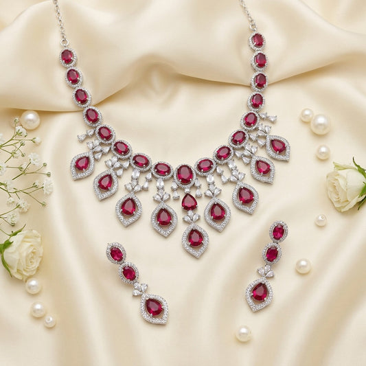 Elagant Ruby Red Stone Teardrop American Diamond Necklace With Earrings Set For Women