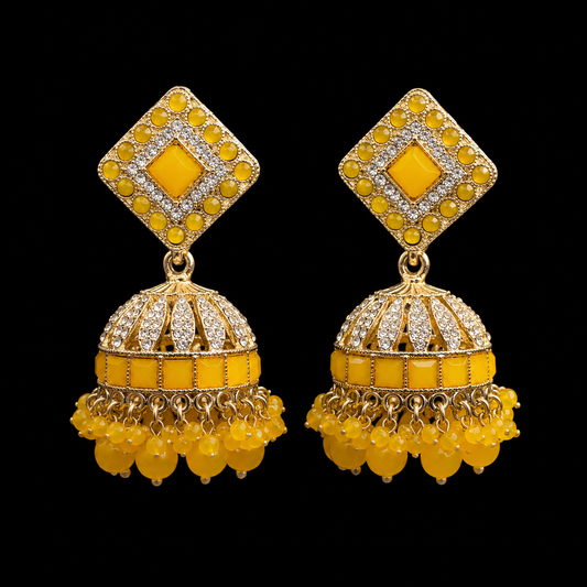 Designer Yellow Beaded Jhumka Earrings