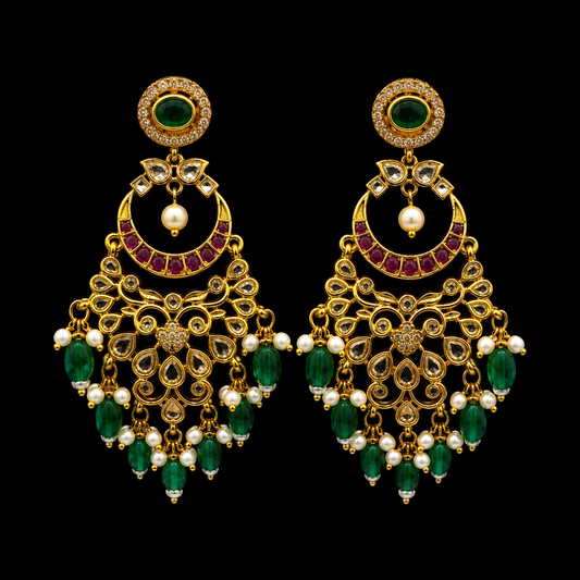 Gold Plated Green Stone & Pearl Chandbali Earrings