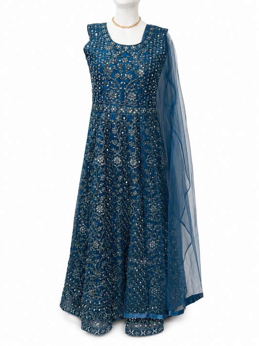 Marvelous Dark Blue Color Mirror And Embroidery Work Silk Anarkali Gown For Women