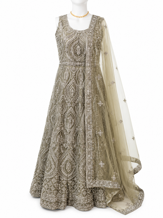 Attractive Gray Color Georgette With Embroidery And Sequins Work Anarkali Gown For Women