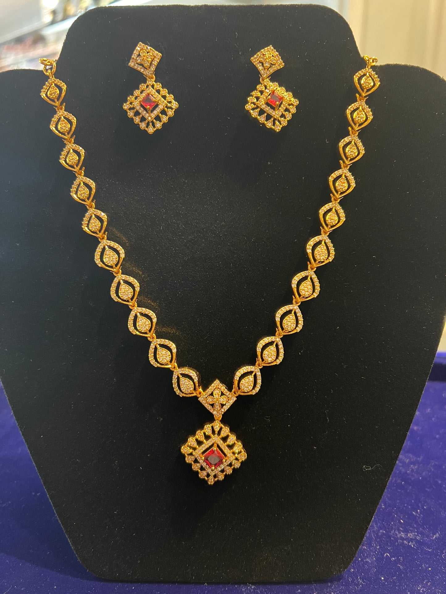 Stunning White And Red Color Stone With Gold Plated Necklace Set For Women