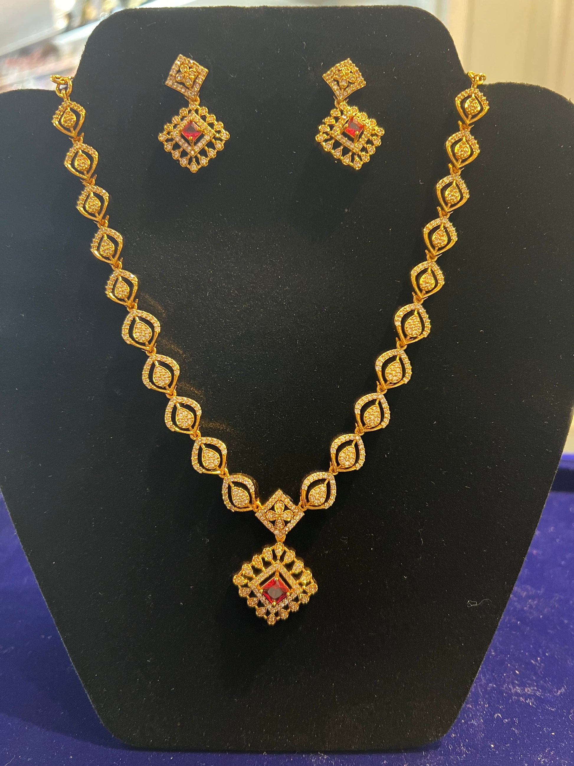 Stunning White And Red Color Stone With Gold Plated Necklace Set For Women