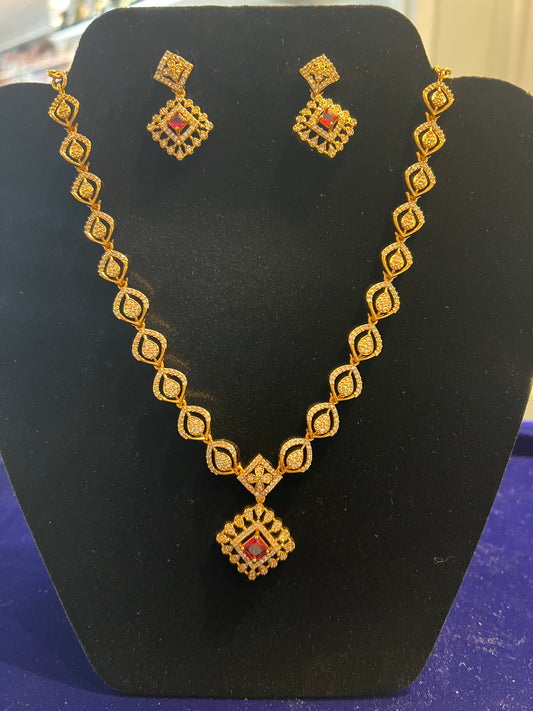 Stunning White And Red Color Stone With Gold Plated Necklace Set For Women