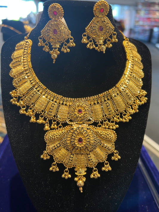 Traditional Red Stones Gold Plated Necklace set For Women