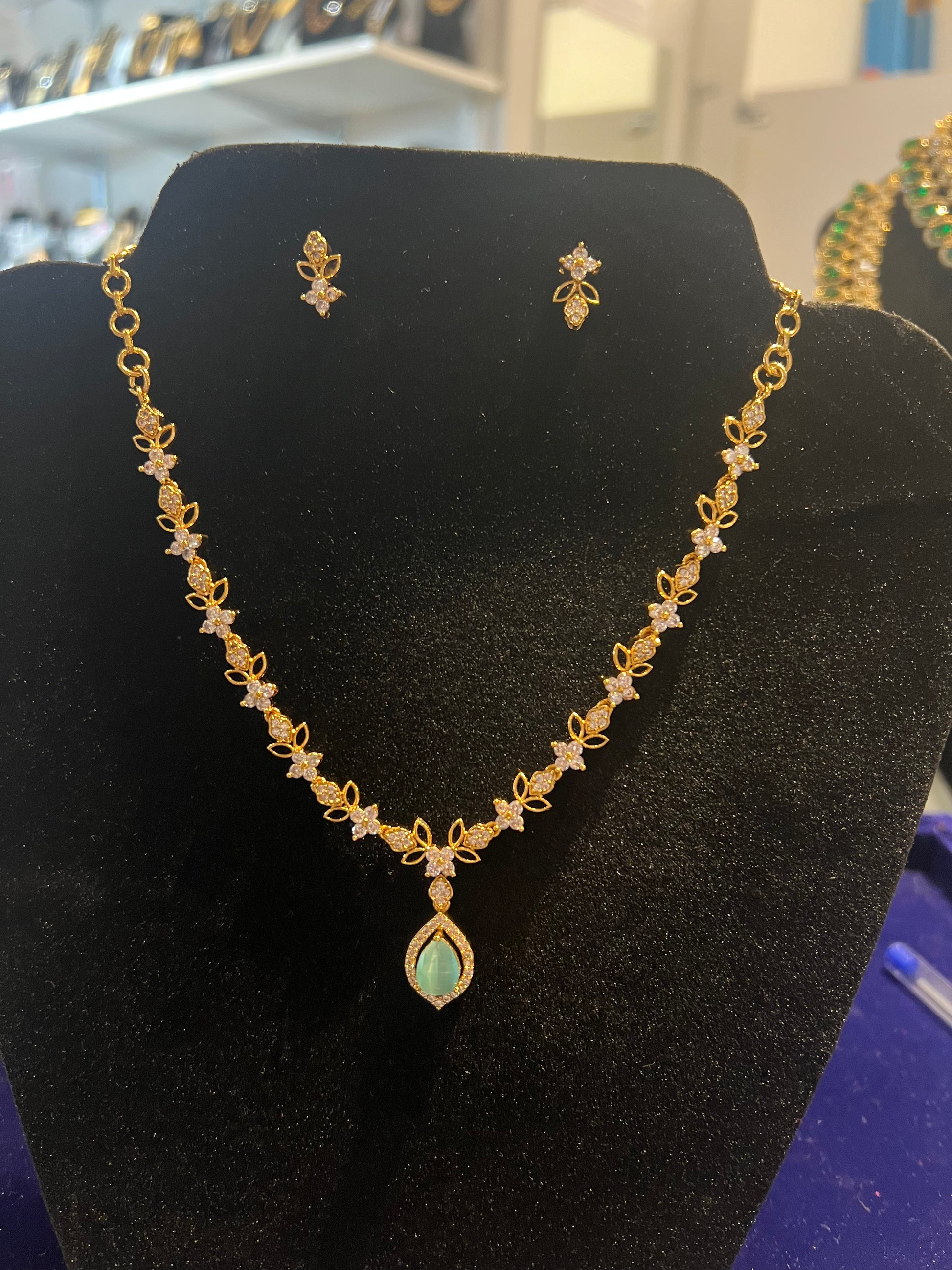 Elegant White Stones With Green Color Pearl Gold Plated Necklace With Earrings Set For Women