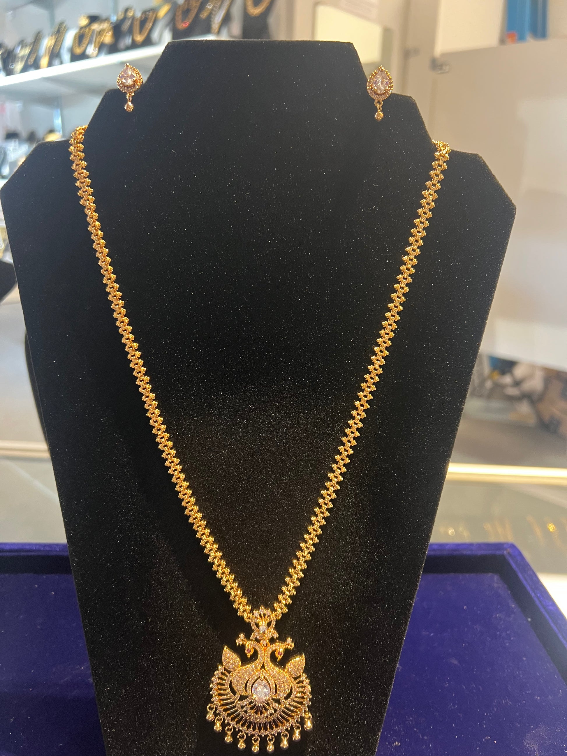 Fabulous White Stones Gold Plated Long Necklace With Earrings Set