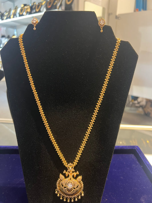 Fabulous White Stones Gold Plated Long Necklace With Earrings Set