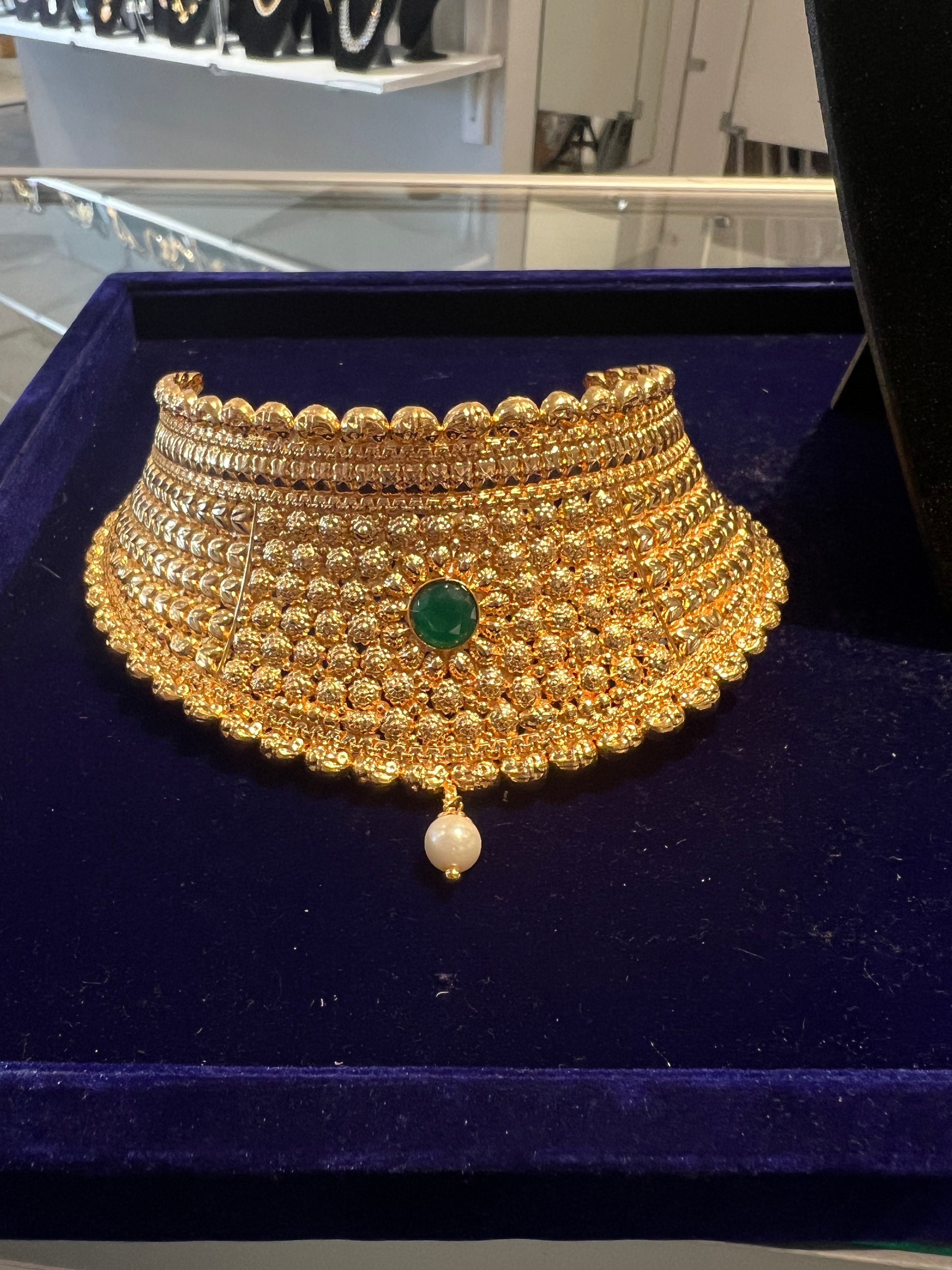 Beautiful Green Stone Gold Plated Choker With Earrings For Women