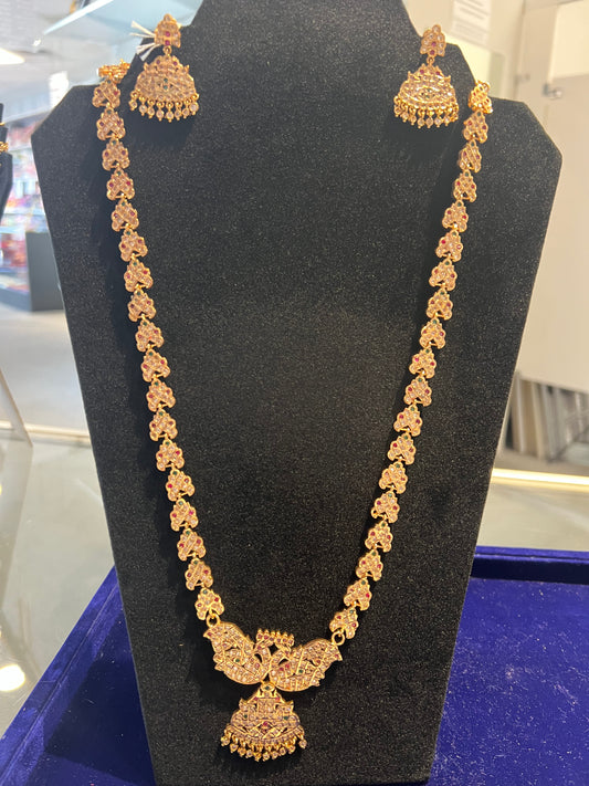 Marvelous Multicolor Gold Plated Long Haram Set With Matching Earrings For Women