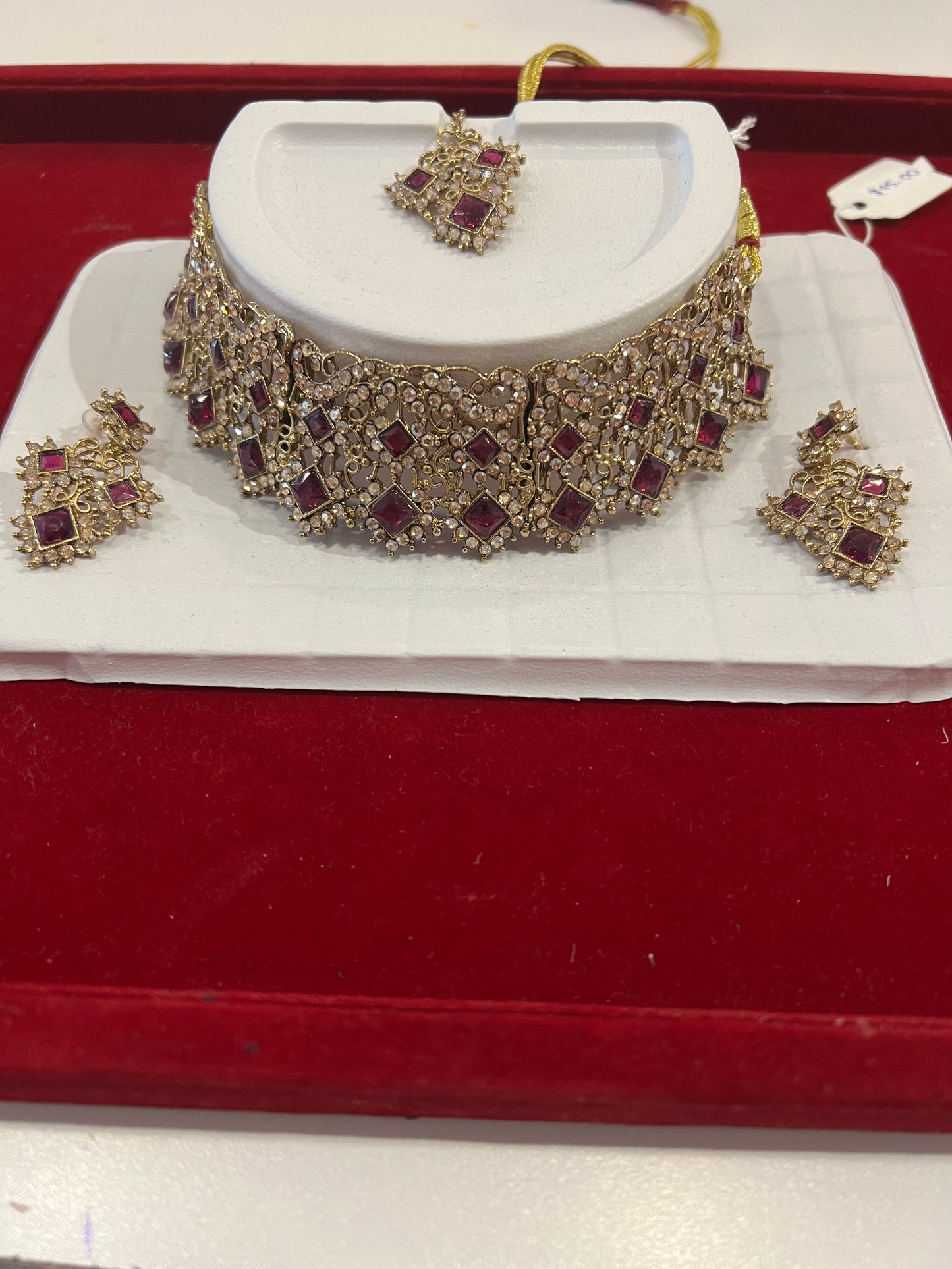 Amazing Purple And Gold Stones Antique Gold Choker With Maang Tikka And Earrings For Women