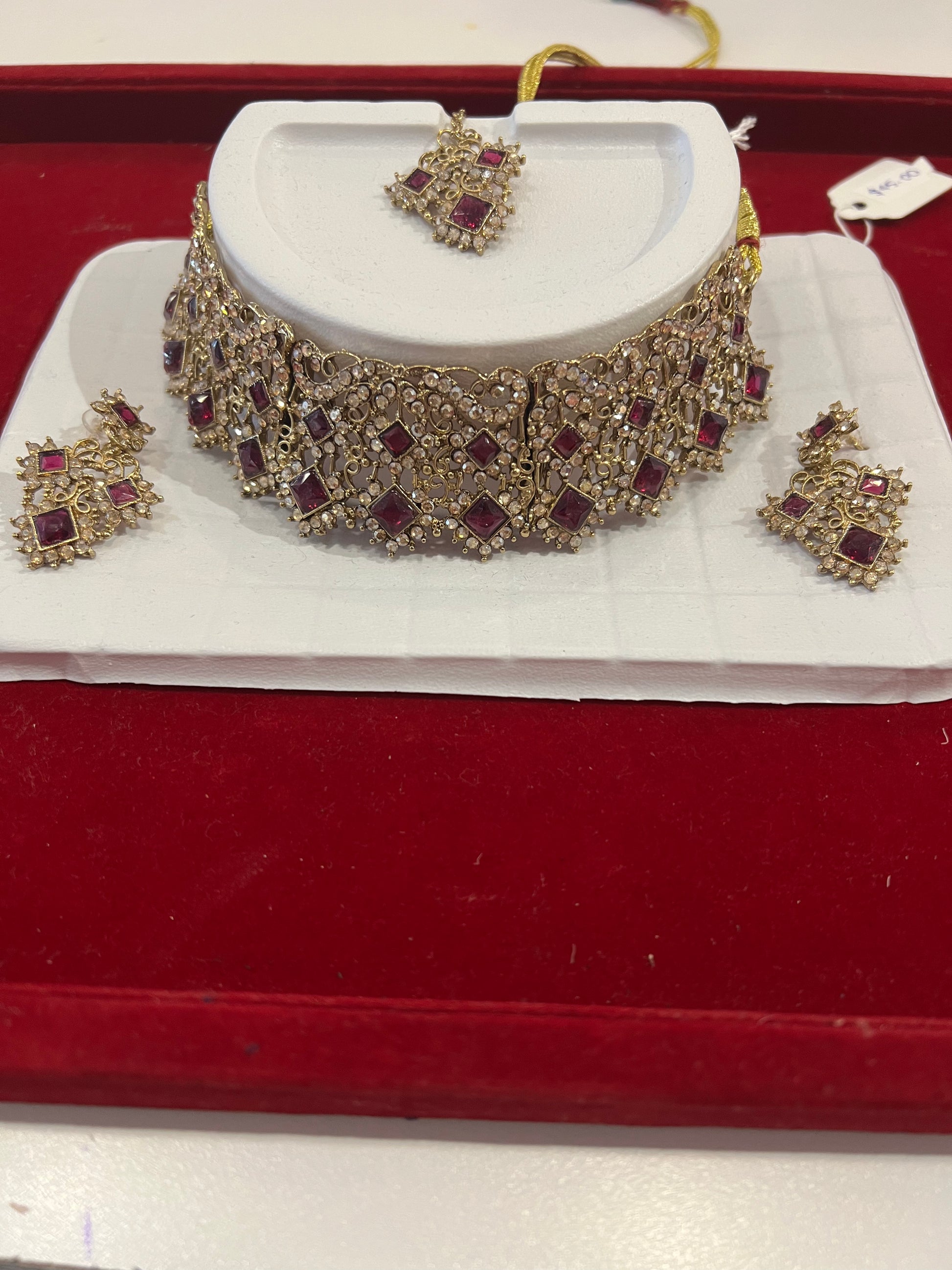 Amazing Purple And Gold Stones Antique Gold Choker With Maang Tikka And Earrings For Women