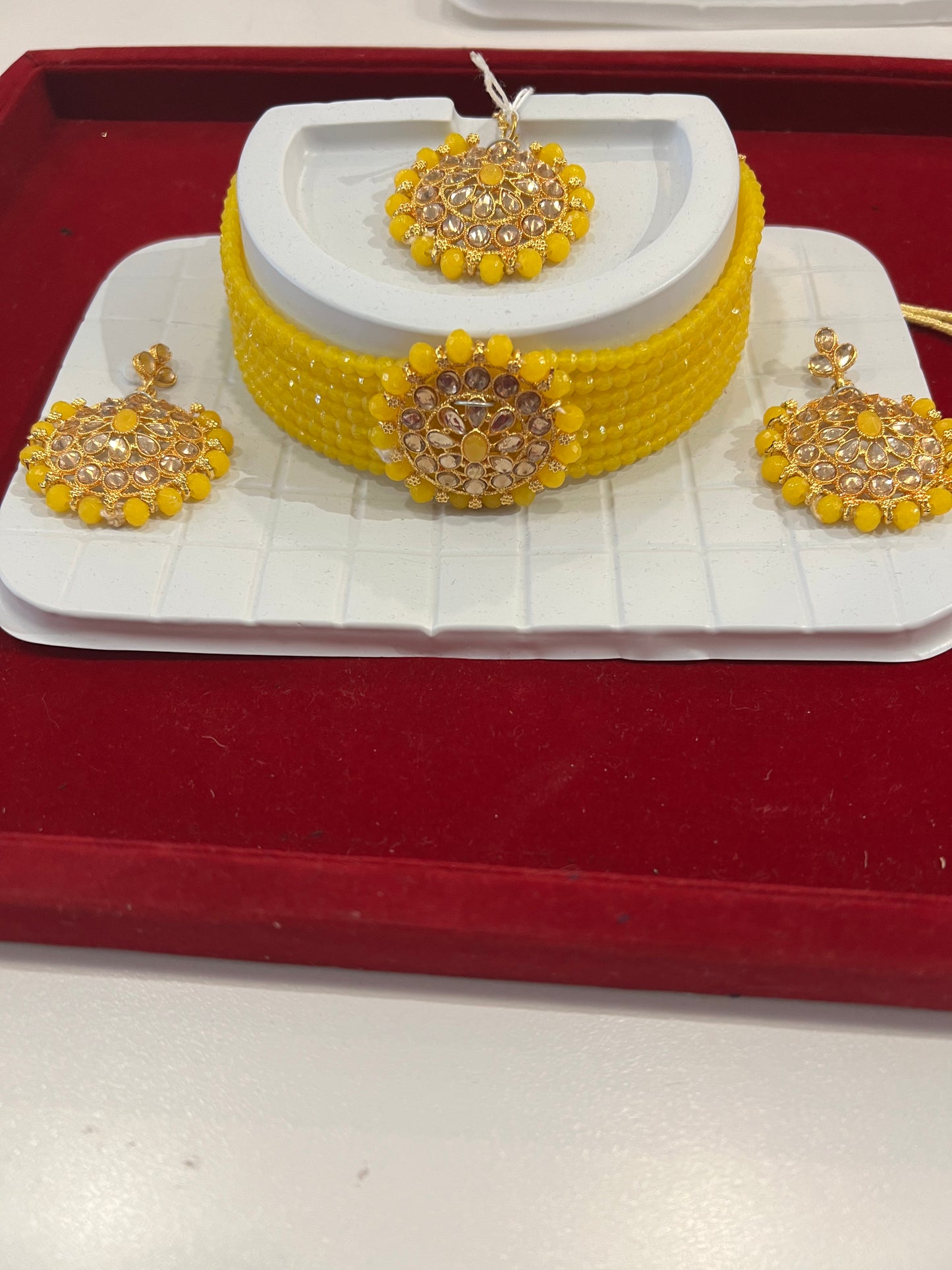 Beautiful Yellow Beads Choker With Maang Tikka And Earrings For Women